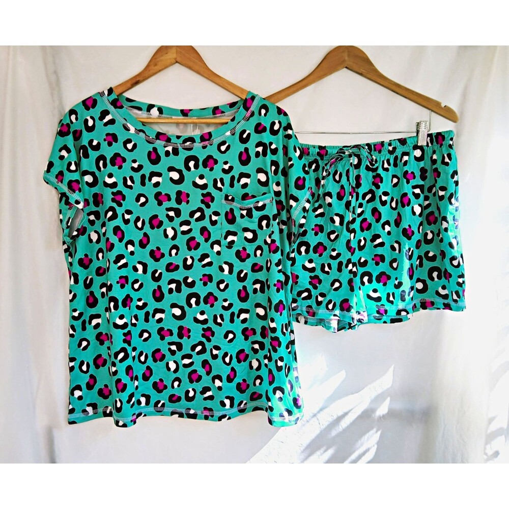 EKOUAER Women’s XL Turquoise Leopard Print Pajama Set Top Shorts Drawstring